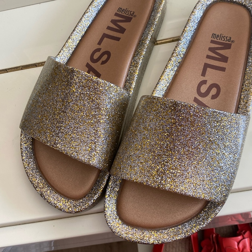 Melissa Gold Metallic Pool slides size 9
